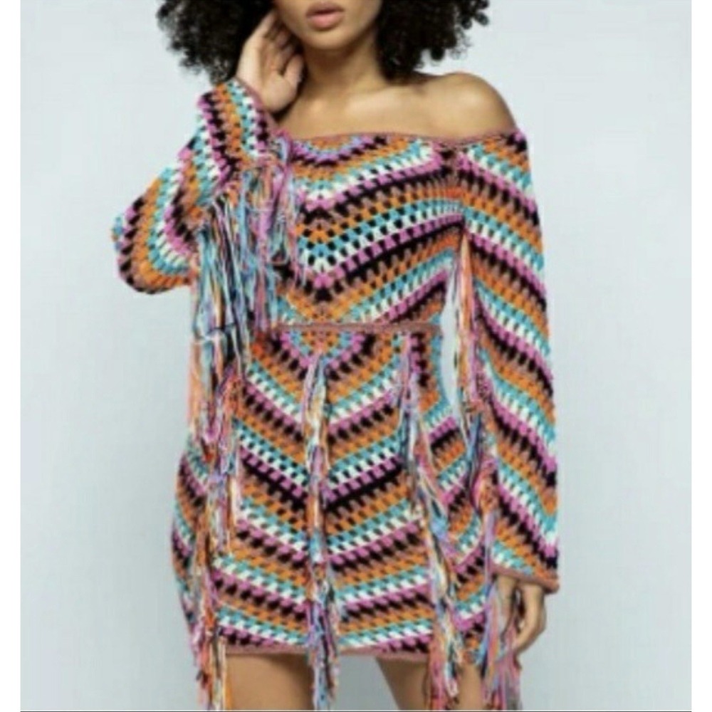 Hera Crochet Beach Dress Afghan Style Small Medium Fringe Granny GoGo Boho‎ Mini